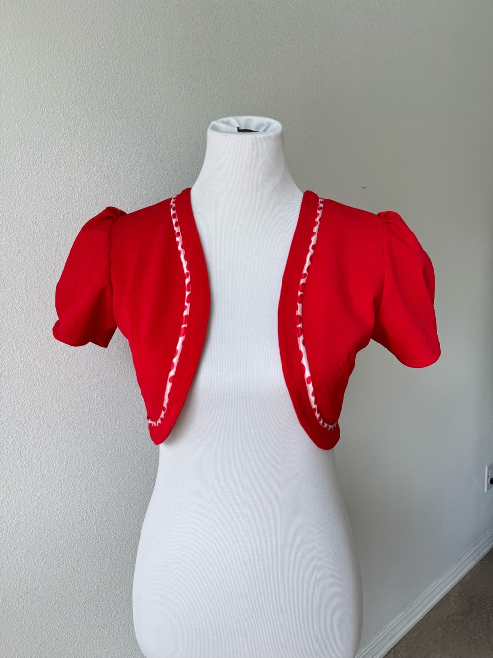 Red Puff Sleeve Cropped Bolero Shrug with White Polka Dot Trim